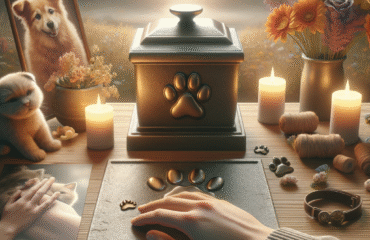 Genera un’immagine realistica, dolce e rispettosa legata alla commemorazione o al ricordo di un animale domestico scomparso. Scegli in modo casuale uno tra i seguenti soggetti o combinazioni (oppure creane uno coerente col tema):
– Un piccolo altare commemorativo con la foto di un cane o gatto, una candela e fiori
– Una pietra con impronta di zampa in un giardino sereno
– Un’urna per animali con incisa una zampetta, su un tavolo di legno vicino a fiori
– Una mano che tiene una foto o un collare di un animale domestico con sfondo sfocato
– Un paesaggio tranquillo con una targa in memoria di un animale (es. sotto un albero)
– Un bambino che lascia un fiore davanti alla foto del suo animale domestico
– Un collage commemorativo: foto, giocattoli, oggetti legati all’animale
L’immagine deve essere fotorealistica, con toni caldi e pacati, che evocano affetto e serenità. Nessuna scena triste o drammatica, ma piuttosto un senso di pace e ricordo affettuoso.