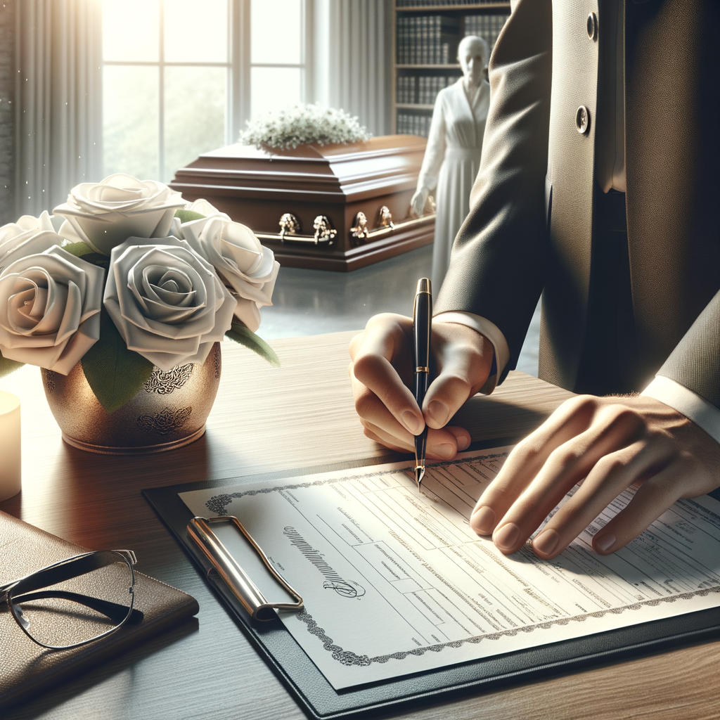 Genera un’immagine fotorealistica e rispettosa, pensata per accompagnare un articolo sul sito https://amentrasportifunebri.it, dedicato a cosa fare quando muore una persona.
Scegli casualmente uno tra i seguenti soggetti (o uno coerente con il tono del sito) e sviluppa un’immagine sobria, professionale e adatta a un contenuto informativo:
– Una mano che tiene un certificato di morte su un tavolo in legno, con luce naturale
– Un fascicolo con documenti funerari, occhiali da lettura e una penna stilografica
– Un angolo ufficio con una persona che riceve supporto burocratico da un impiegato (volti sfocati)
– Una composizione delicata con un’urna, una rosa bianca e una candela accesa
– Una facciata realistica di un’agenzia funebre sobria, con targa visibile e ambiente curato
– Un mazzo di fiori appoggiato su una bara o su un altare commemorativo, senza persone visibili
L’immagine deve trasmettere serenità, chiarezza e rispetto, senza toni drammatici. Niente scene esplicitamente tristi o religiose: solo elementi simbolici o pratici legati all'organizzazione del funerale o alla documentazione.