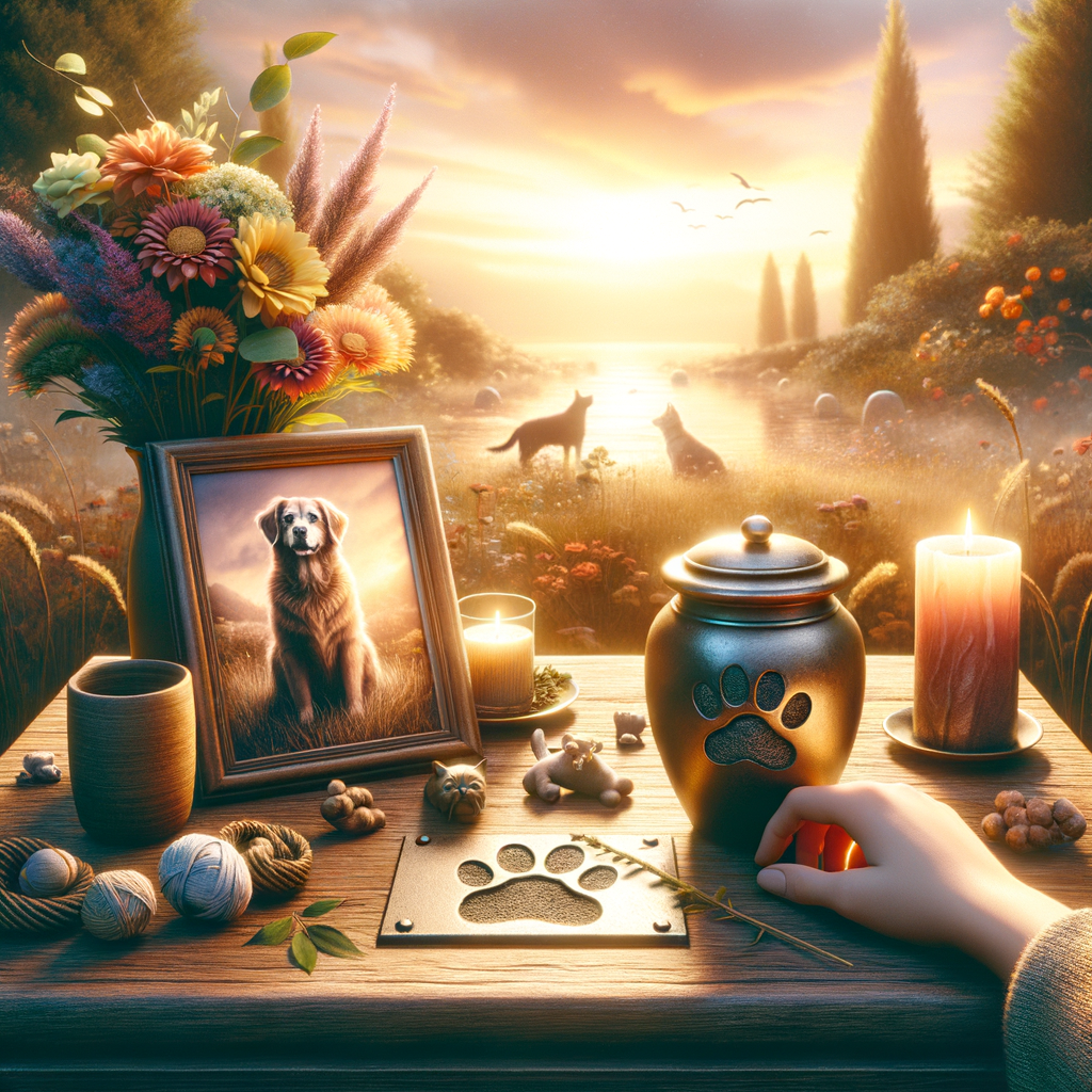 Genera un’immagine realistica, dolce e rispettosa legata alla commemorazione o al ricordo di un animale domestico scomparso. Scegli in modo casuale uno tra i seguenti soggetti o combinazioni (oppure creane uno coerente col tema):
– Un piccolo altare commemorativo con la foto di un cane o gatto, una candela e fiori
– Una pietra con impronta di zampa in un giardino sereno
– Un’urna per animali con incisa una zampetta, su un tavolo di legno vicino a fiori
– Una mano che tiene una foto o un collare di un animale domestico con sfondo sfocato
– Un paesaggio tranquillo con una targa in memoria di un animale (es. sotto un albero)
– Un bambino che lascia un fiore davanti alla foto del suo animale domestico
– Un collage commemorativo: foto, giocattoli, oggetti legati all’animale
L’immagine deve essere fotorealistica, con toni caldi e pacati, che evocano affetto e serenità. Nessuna scena triste o drammatica, ma piuttosto un senso di pace e ricordo affettuoso.