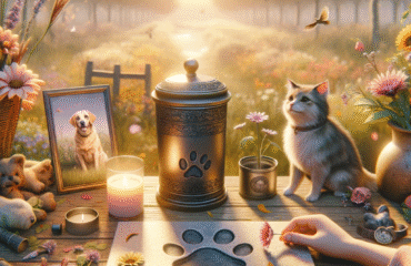 Genera un’immagine realistica, dolce e rispettosa legata alla commemorazione o al ricordo di un animale domestico scomparso. Scegli in modo casuale uno tra i seguenti soggetti o combinazioni (oppure creane uno coerente col tema):
– Un piccolo altare commemorativo con la foto di un cane o gatto, una candela e fiori
– Una pietra con impronta di zampa in un giardino sereno
– Un’urna per animali con incisa una zampetta, su un tavolo di legno vicino a fiori
– Una mano che tiene una foto o un collare di un animale domestico con sfondo sfocato
– Un paesaggio tranquillo con una targa in memoria di un animale (es. sotto un albero)
– Un bambino che lascia un fiore davanti alla foto del suo animale domestico
– Un collage commemorativo: foto, giocattoli, oggetti legati all’animale
L’immagine deve essere fotorealistica, con toni caldi e pacati, che evocano affetto e serenità. Nessuna scena triste o drammatica, ma piuttosto un senso di pace e ricordo affettuoso.