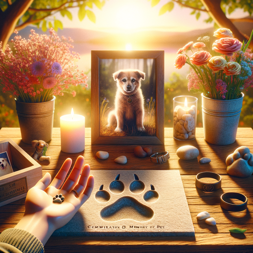 Genera un’immagine realistica, dolce e rispettosa legata alla commemorazione o al ricordo di un animale domestico scomparso. Scegli in modo casuale uno tra i seguenti soggetti o combinazioni (oppure creane uno coerente col tema):
– Un piccolo altare commemorativo con la foto di un cane o gatto, una candela e fiori
– Una pietra con impronta di zampa in un giardino sereno
– Un’urna per animali con incisa una zampetta, su un tavolo di legno vicino a fiori
– Una mano che tiene una foto o un collare di un animale domestico con sfondo sfocato
– Un paesaggio tranquillo con una targa in memoria di un animale (es. sotto un albero)
– Un bambino che lascia un fiore davanti alla foto del suo animale domestico
– Un collage commemorativo: foto, giocattoli, oggetti legati all’animale
L’immagine deve essere fotorealistica, con toni caldi e pacati, che evocano affetto e serenità. Nessuna scena triste o drammatica, ma piuttosto un senso di pace e ricordo affettuoso.