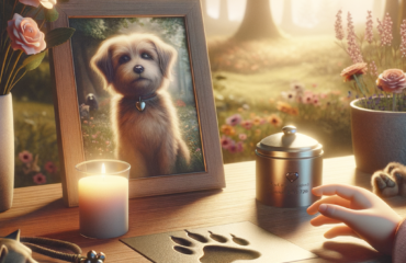 Genera un’immagine realistica, dolce e rispettosa legata alla commemorazione o al ricordo di un animale domestico scomparso. Scegli in modo casuale uno tra i seguenti soggetti o combinazioni (oppure creane uno coerente col tema):
– Un piccolo altare commemorativo con la foto di un cane o gatto, una candela e fiori
– Una pietra con impronta di zampa in un giardino sereno
– Un’urna per animali con incisa una zampetta, su un tavolo di legno vicino a fiori
– Una mano che tiene una foto o un collare di un animale domestico con sfondo sfocato
– Un paesaggio tranquillo con una targa in memoria di un animale (es. sotto un albero)
– Un bambino che lascia un fiore davanti alla foto del suo animale domestico
– Un collage commemorativo: foto, giocattoli, oggetti legati all’animale
L’immagine deve essere fotorealistica, con toni caldi e pacati, che evocano affetto e serenità. Nessuna scena triste o drammatica, ma piuttosto un senso di pace e ricordo affettuoso.