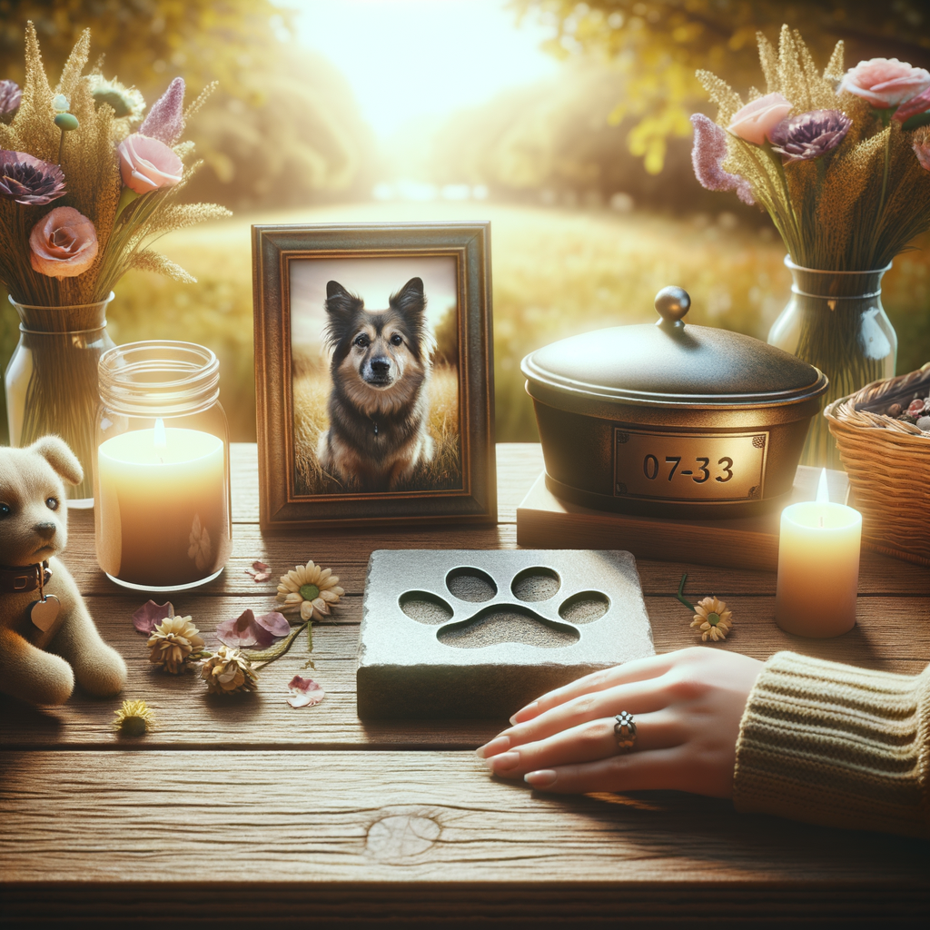 Genera un’immagine realistica, dolce e rispettosa legata alla commemorazione o al ricordo di un animale domestico scomparso. Scegli in modo casuale uno tra i seguenti soggetti o combinazioni (oppure creane uno coerente col tema):
– Un piccolo altare commemorativo con la foto di un cane o gatto, una candela e fiori
– Una pietra con impronta di zampa in un giardino sereno
– Un’urna per animali con incisa una zampetta, su un tavolo di legno vicino a fiori
– Una mano che tiene una foto o un collare di un animale domestico con sfondo sfocato
– Un paesaggio tranquillo con una targa in memoria di un animale (es. sotto un albero)
– Un bambino che lascia un fiore davanti alla foto del suo animale domestico
– Un collage commemorativo: foto, giocattoli, oggetti legati all’animale
L’immagine deve essere fotorealistica, con toni caldi e pacati, che evocano affetto e serenità. Nessuna scena triste o drammatica, ma piuttosto un senso di pace e ricordo affettuoso.